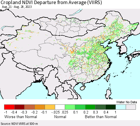 China, Mongolia and Taiwan Cropland NDVI Departure from Average (VIIRS) Thematic Map For 8/21/2023 - 8/28/2023