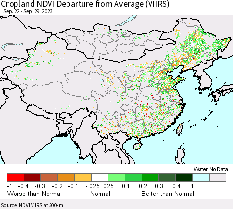 China, Mongolia and Taiwan Cropland NDVI Departure from Average (VIIRS) Thematic Map For 9/22/2023 - 9/29/2023