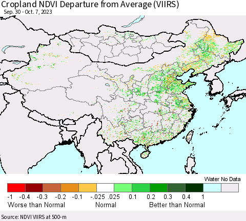 China, Mongolia and Taiwan Cropland NDVI Departure from Average (VIIRS) Thematic Map For 9/30/2023 - 10/7/2023