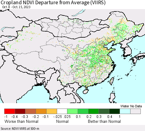 China, Mongolia and Taiwan Cropland NDVI Departure from Average (VIIRS) Thematic Map For 10/8/2023 - 10/15/2023