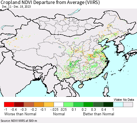 China, Mongolia and Taiwan Cropland NDVI Departure from Average (VIIRS) Thematic Map For 12/11/2023 - 12/18/2023