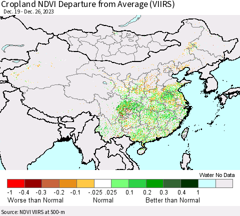China, Mongolia and Taiwan Cropland NDVI Departure from Average (VIIRS) Thematic Map For 12/19/2023 - 12/26/2023
