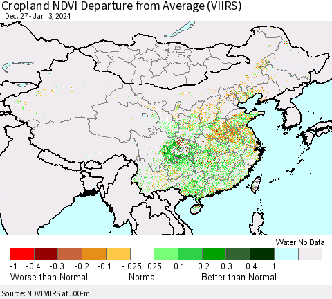 China, Mongolia and Taiwan Cropland NDVI Departure from Average (VIIRS) Thematic Map For 12/27/2023 - 1/3/2024