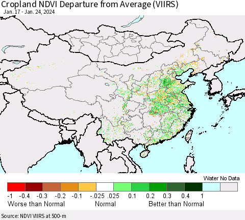 China, Mongolia and Taiwan Cropland NDVI Departure from Average (VIIRS) Thematic Map For 1/17/2024 - 1/24/2024