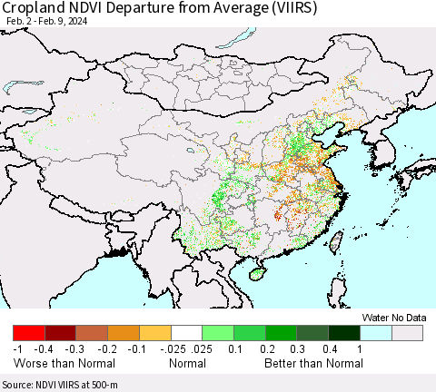 China, Mongolia and Taiwan Cropland NDVI Departure from Average (VIIRS) Thematic Map For 2/2/2024 - 2/9/2024