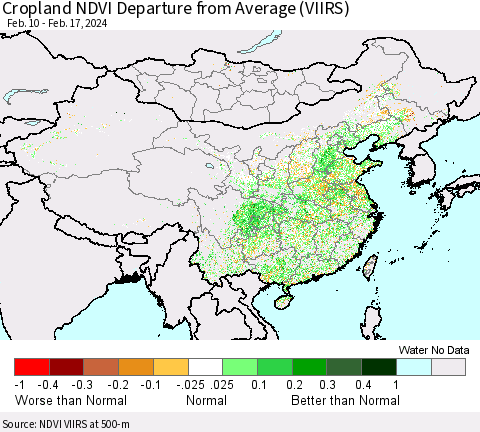 China, Mongolia and Taiwan Cropland NDVI Departure from Average (VIIRS) Thematic Map For 2/10/2024 - 2/17/2024