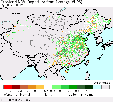 China, Mongolia and Taiwan Cropland NDVI Departure from Average (VIIRS) Thematic Map For 4/22/2024 - 4/29/2024