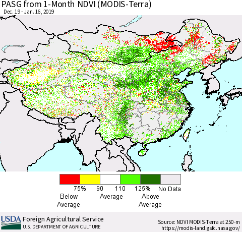 China and Taiwan PASG from 1-Month NDVI (Terra-MODIS) Thematic Map For 1/11/2019 - 1/20/2019