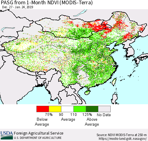 China, Mongolia and Taiwan PASG from 1-Month NDVI (Terra-MODIS) Thematic Map For 1/21/2019 - 1/31/2019
