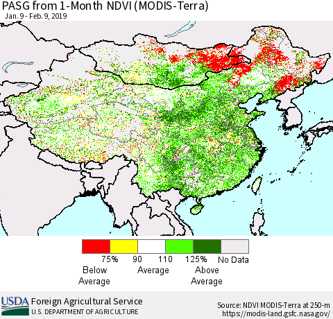China and Taiwan PASG from 1-Month NDVI (Terra-MODIS) Thematic Map For 2/1/2019 - 2/10/2019
