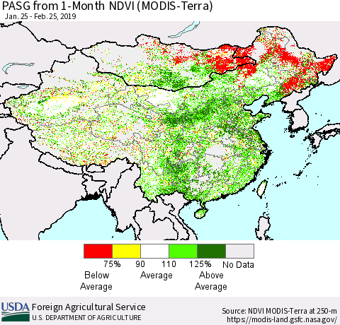 China and Taiwan PASG from 1-Month NDVI (Terra-MODIS) Thematic Map For 2/21/2019 - 2/28/2019