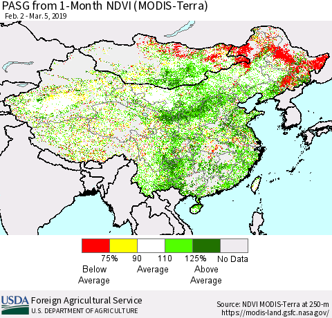 China and Taiwan PASG from 1-Month NDVI (Terra-MODIS) Thematic Map For 3/1/2019 - 3/10/2019