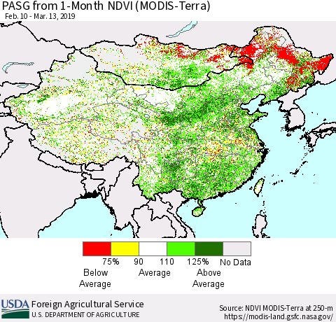 China and Taiwan PASG from 1-Month NDVI (Terra-MODIS) Thematic Map For 3/11/2019 - 3/20/2019