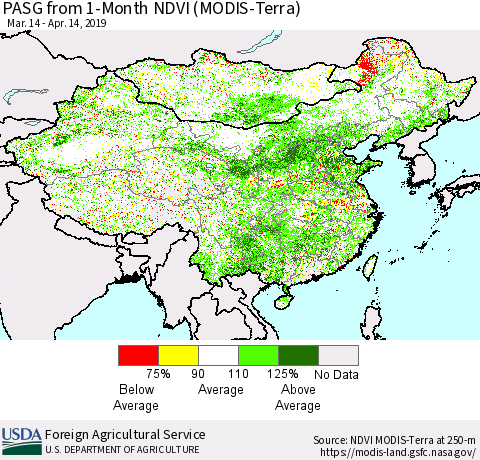 China and Taiwan PASG from 1-Month NDVI (Terra-MODIS) Thematic Map For 4/11/2019 - 4/20/2019