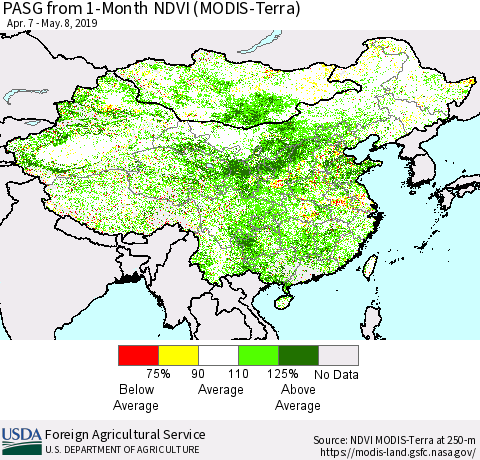 China and Taiwan PASG from 1-Month NDVI (Terra-MODIS) Thematic Map For 5/1/2019 - 5/10/2019