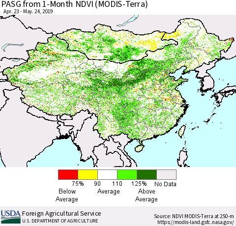 China and Taiwan PASG from 1-Month NDVI (Terra-MODIS) Thematic Map For 5/21/2019 - 5/31/2019