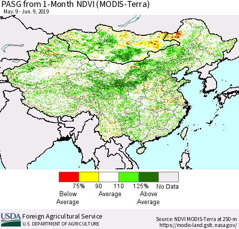 China and Taiwan PASG from 1-Month NDVI (Terra-MODIS) Thematic Map For 6/1/2019 - 6/10/2019