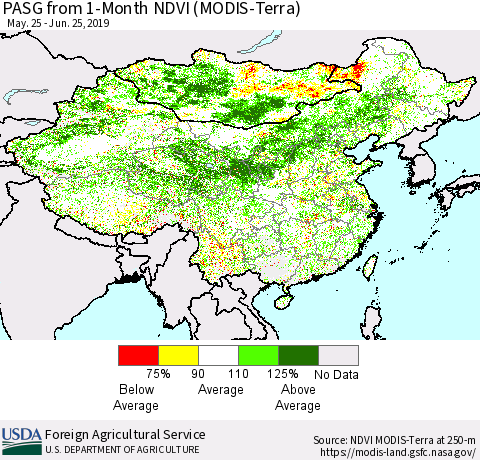 China and Taiwan PASG from 1-Month NDVI (Terra-MODIS) Thematic Map For 6/21/2019 - 6/30/2019
