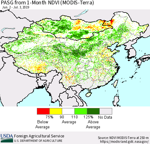 China and Taiwan PASG from 1-Month NDVI (Terra-MODIS) Thematic Map For 7/1/2019 - 7/10/2019