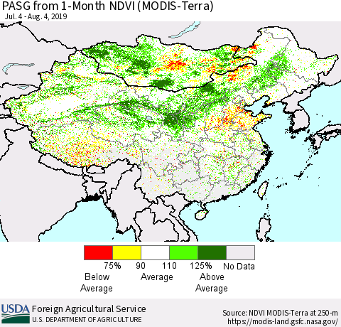 China and Taiwan PASG from 1-Month NDVI (Terra-MODIS) Thematic Map For 8/1/2019 - 8/10/2019