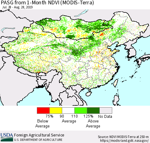 China, Mongolia and Taiwan PASG from 1-Month NDVI (Terra-MODIS) Thematic Map For 8/21/2019 - 8/31/2019