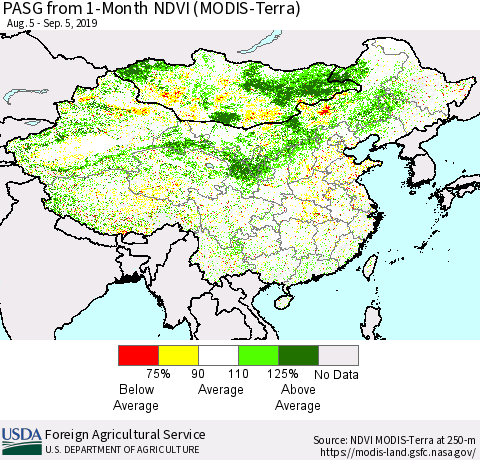 China and Taiwan PASG from 1-Month NDVI (Terra-MODIS) Thematic Map For 9/1/2019 - 9/10/2019