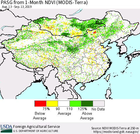 China and Taiwan PASG from 1-Month NDVI (Terra-MODIS) Thematic Map For 9/11/2019 - 9/20/2019