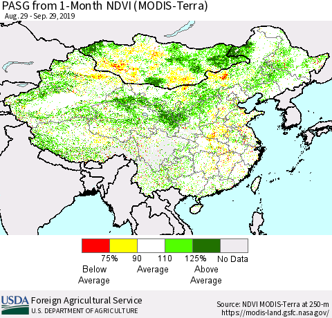 China and Taiwan PASG from 1-Month NDVI (Terra-MODIS) Thematic Map For 9/21/2019 - 9/30/2019