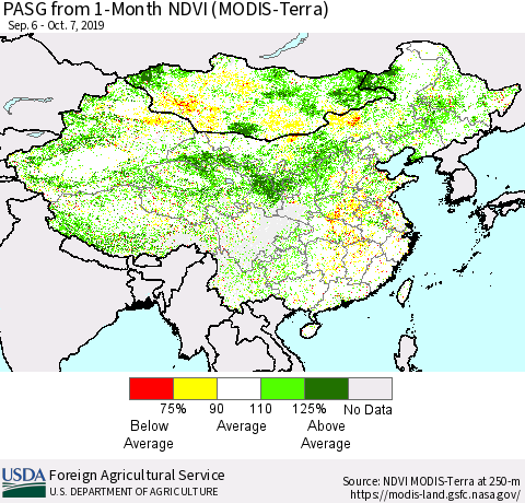China and Taiwan PASG from 1-Month NDVI (Terra-MODIS) Thematic Map For 10/1/2019 - 10/10/2019
