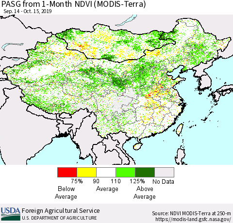 China and Taiwan PASG from 1-Month NDVI (Terra-MODIS) Thematic Map For 10/11/2019 - 10/20/2019