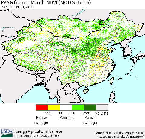 China, Mongolia and Taiwan PASG from 1-Month NDVI (Terra-MODIS) Thematic Map For 10/21/2019 - 10/31/2019