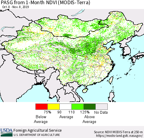 China, Mongolia and Taiwan PASG from 1-Month NDVI (Terra-MODIS) Thematic Map For 11/1/2019 - 11/10/2019
