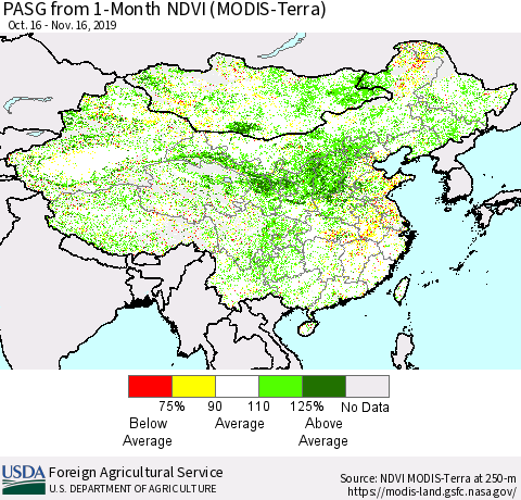 China, Mongolia and Taiwan PASG from 1-Month NDVI (Terra-MODIS) Thematic Map For 11/11/2019 - 11/20/2019
