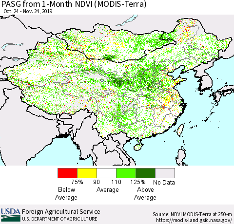 China, Mongolia and Taiwan PASG from 1-Month NDVI (Terra-MODIS) Thematic Map For 11/21/2019 - 11/30/2019