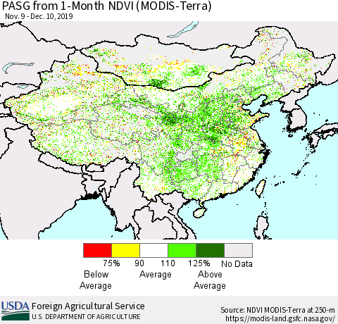 China, Mongolia and Taiwan PASG from 1-Month NDVI (Terra-MODIS) Thematic Map For 12/1/2019 - 12/10/2019