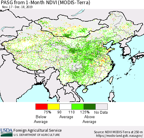 China, Mongolia and Taiwan PASG from 1-Month NDVI (Terra-MODIS) Thematic Map For 12/11/2019 - 12/20/2019