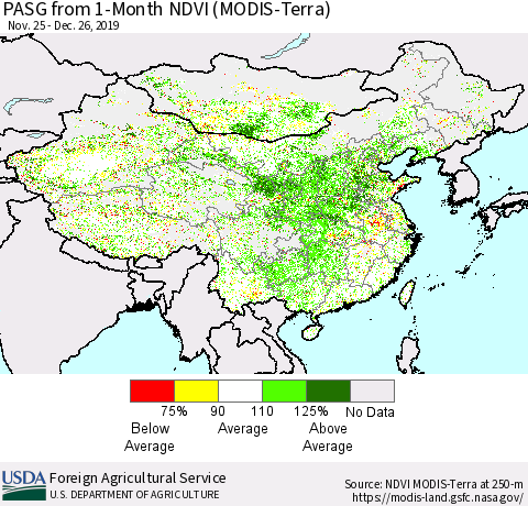 China, Mongolia and Taiwan PASG from 1-Month NDVI (Terra-MODIS) Thematic Map For 12/21/2019 - 12/31/2019