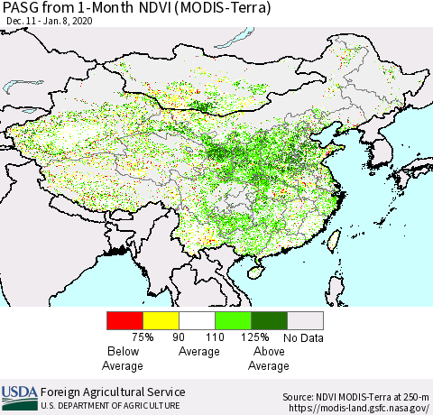 China, Mongolia and Taiwan PASG from 1-Month NDVI (Terra-MODIS) Thematic Map For 1/1/2020 - 1/10/2020