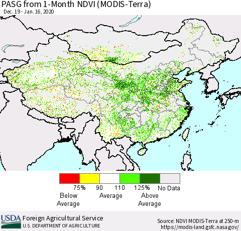 China, Mongolia and Taiwan PASG from 1-Month NDVI (Terra-MODIS) Thematic Map For 1/11/2020 - 1/20/2020