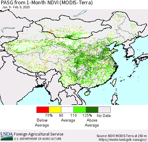 China, Mongolia and Taiwan PASG from 1-Month NDVI (Terra-MODIS) Thematic Map For 2/1/2020 - 2/10/2020