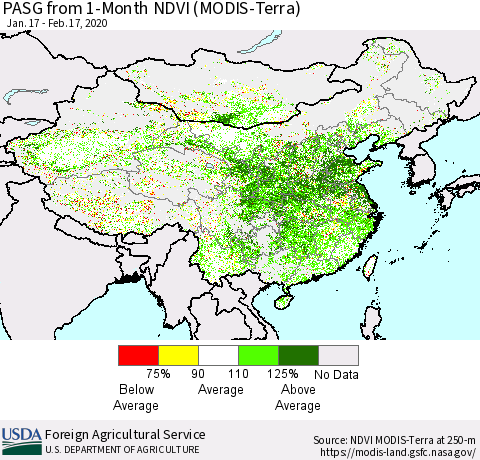 China, Mongolia and Taiwan PASG from 1-Month NDVI (Terra-MODIS) Thematic Map For 2/11/2020 - 2/20/2020