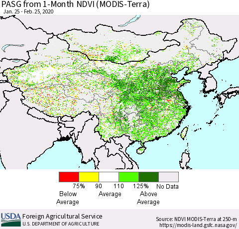 China, Mongolia and Taiwan PASG from 1-Month NDVI (Terra-MODIS) Thematic Map For 2/21/2020 - 2/29/2020