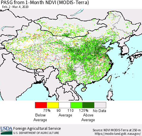 China, Mongolia and Taiwan PASG from 1-Month NDVI (Terra-MODIS) Thematic Map For 3/1/2020 - 3/10/2020