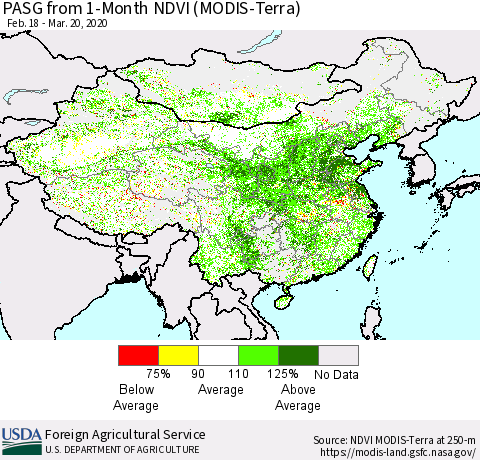 China, Mongolia and Taiwan PASG from 1-Month NDVI (Terra-MODIS) Thematic Map For 3/11/2020 - 3/20/2020