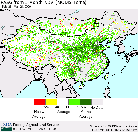 China, Mongolia and Taiwan PASG from 1-Month NDVI (Terra-MODIS) Thematic Map For 3/21/2020 - 3/31/2020