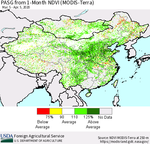 China, Mongolia and Taiwan PASG from 1-Month NDVI (Terra-MODIS) Thematic Map For 4/1/2020 - 4/10/2020