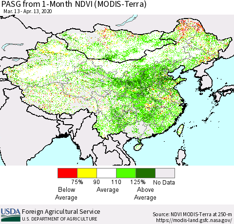 China, Mongolia and Taiwan PASG from 1-Month NDVI (Terra-MODIS) Thematic Map For 4/11/2020 - 4/20/2020