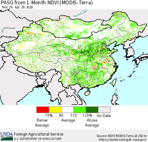 China, Mongolia and Taiwan PASG from 1-Month NDVI (Terra-MODIS) Thematic Map For 4/21/2020 - 4/30/2020