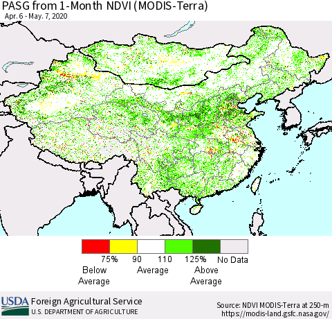 China, Mongolia and Taiwan PASG from 1-Month NDVI (Terra-MODIS) Thematic Map For 5/1/2020 - 5/10/2020