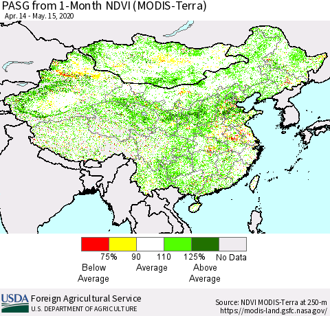 China, Mongolia and Taiwan PASG from 1-Month NDVI (Terra-MODIS) Thematic Map For 5/11/2020 - 5/20/2020